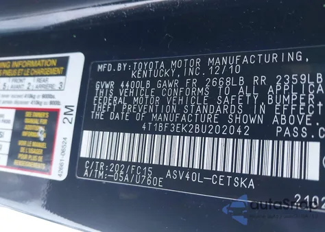 2011 Toyota Camry Se from USA, damaged, VIN 4T1BF3EK2BU202042